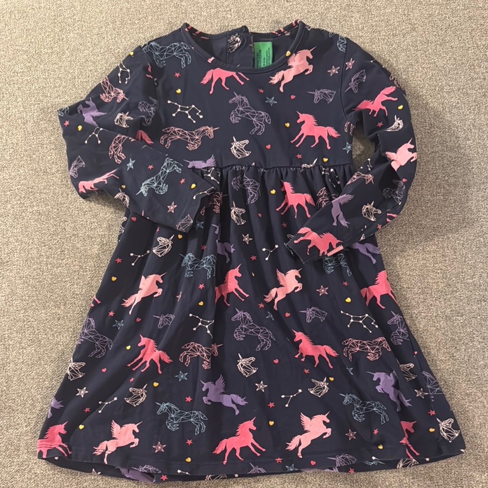 Navy Unicorn Print Kids Dress